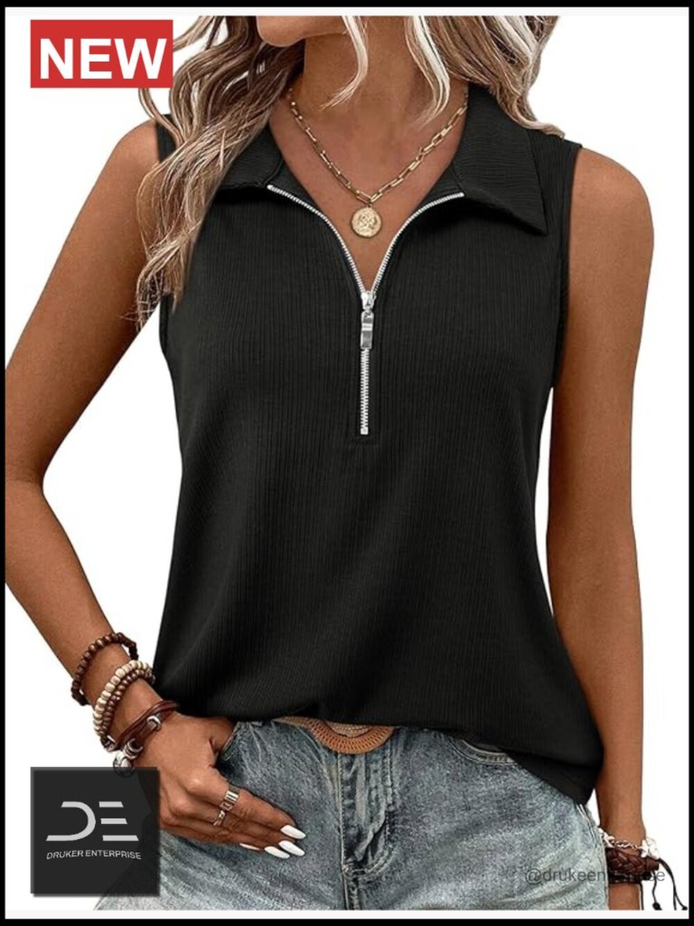 Ribbed Tank Top Zipper V Neck Sleeveless Camisole Work Tops
